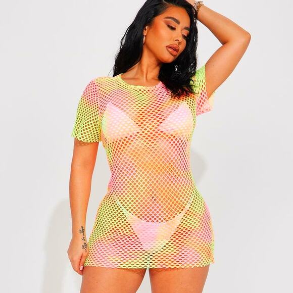 Fashion Nova Other - New‎ XS Fashion Nova Neon Yellow Pink Fishnet Mesh Beach Dress Coverup Swim Suit